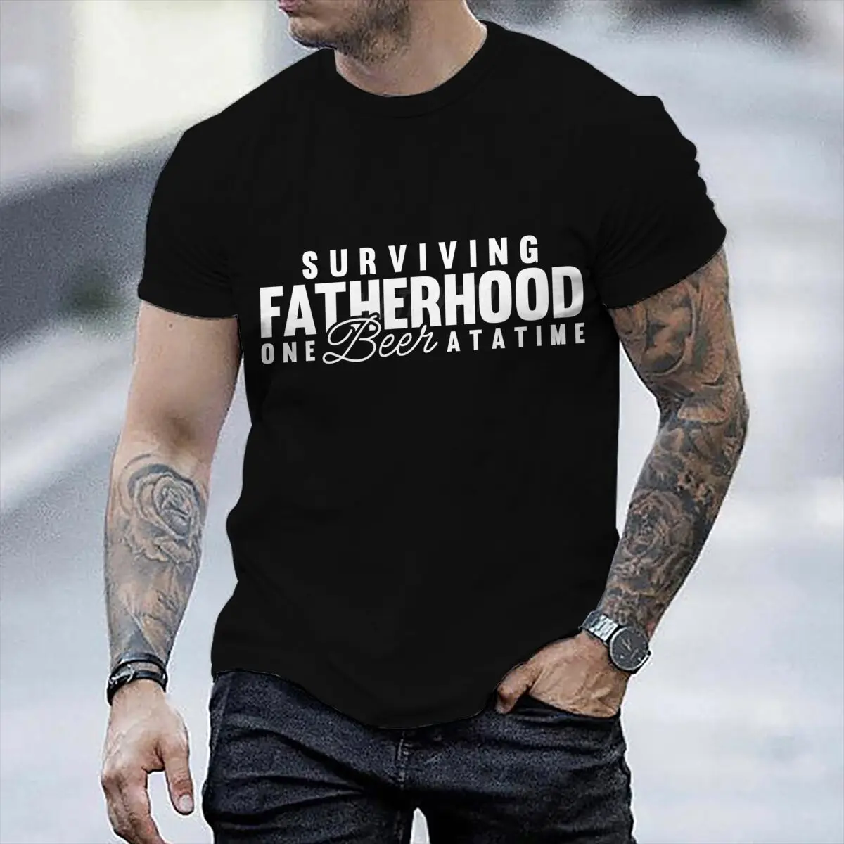 SURVIVING FATHERHOOD ONE Beer AT A TIME Tshirt Father's Day Fun Daddy T-Shirt Men Round Neck Short Sleeve Tees Male Tshirt Gift