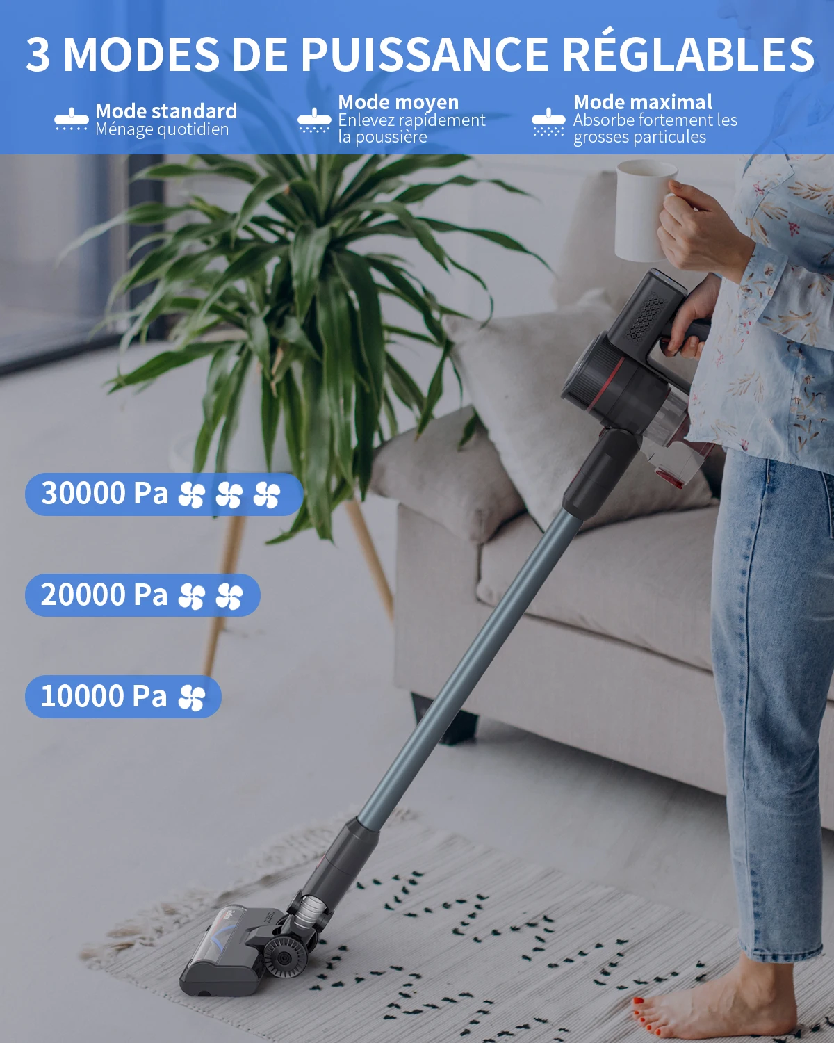 Redkey-P9 Cordless Vacuum Cleaner, 30Kpa, 8 in 1 Wireless Vacuum, 350W, Double HEPA Filters, Detachable Battery ,LED Display