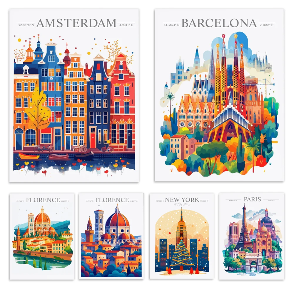 New York City, Barcelona, ​​Amsterdam, Paris, Florence (Italy) skyline prints, USA, UK, France city art travel posters