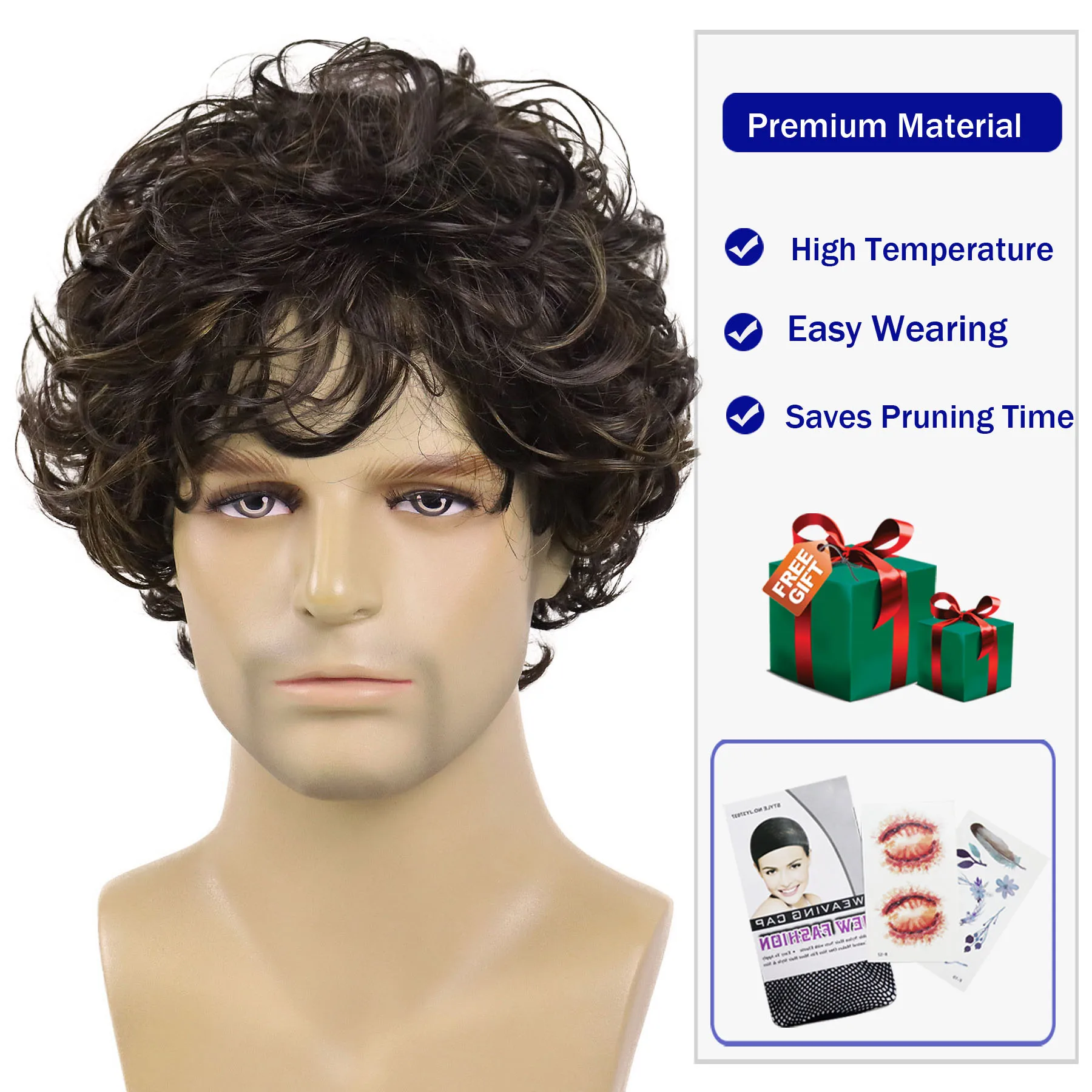 باروكات قصيرة مجعدة للرجال الآسيويات من الألياف الاصطناعية شعر مستعار بني مع الانفجارات شعر مستعار للرجال بني داكن تصفيفة الشعر الطبيعي شعر مستعار كامل للارتداء اليومي #4