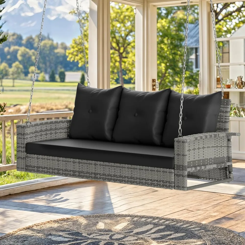 3-Person Porch Swing Rattan Patio Outdoor Swing Bench Hanging Porch Swing with Cushions, Heavy Duty 794lbs for Backyad Garden,