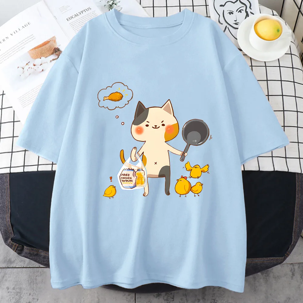 Kitten Nuggets T Shirts WOMEN Lovely Car Print Aesthetic Tshirts Fried Chicken Tempura T-shirts 100% Cotton Cartoon Short Sleeve