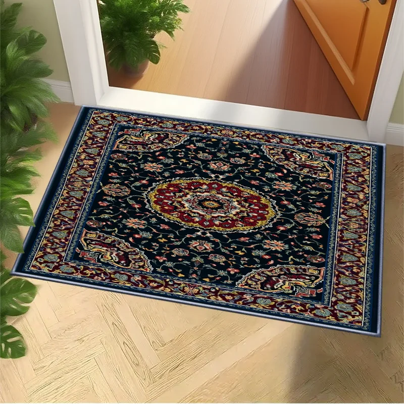 Persischer Retro-Türvorleger in Marineblau mit Blumenmuster, Ethnischer Stil Rutschfester Türvorleger, Leicht zu Reinigen und Verschleißfest Eingangsmatte