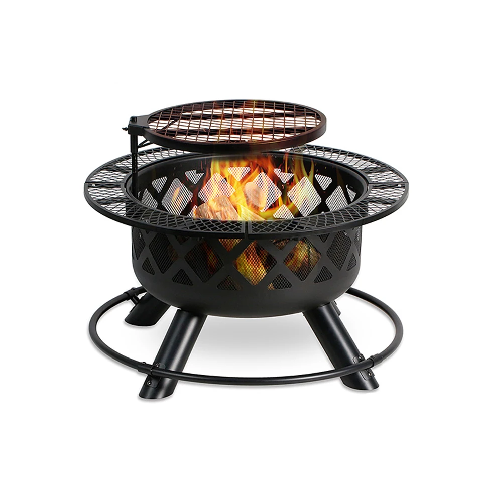 Multifunctional BBQ Grill Courtyard Barbecue Rack 360° Rotary Baking Mesh Fire Pit Outdoor Bonfire Furnace Wood Heating Basin