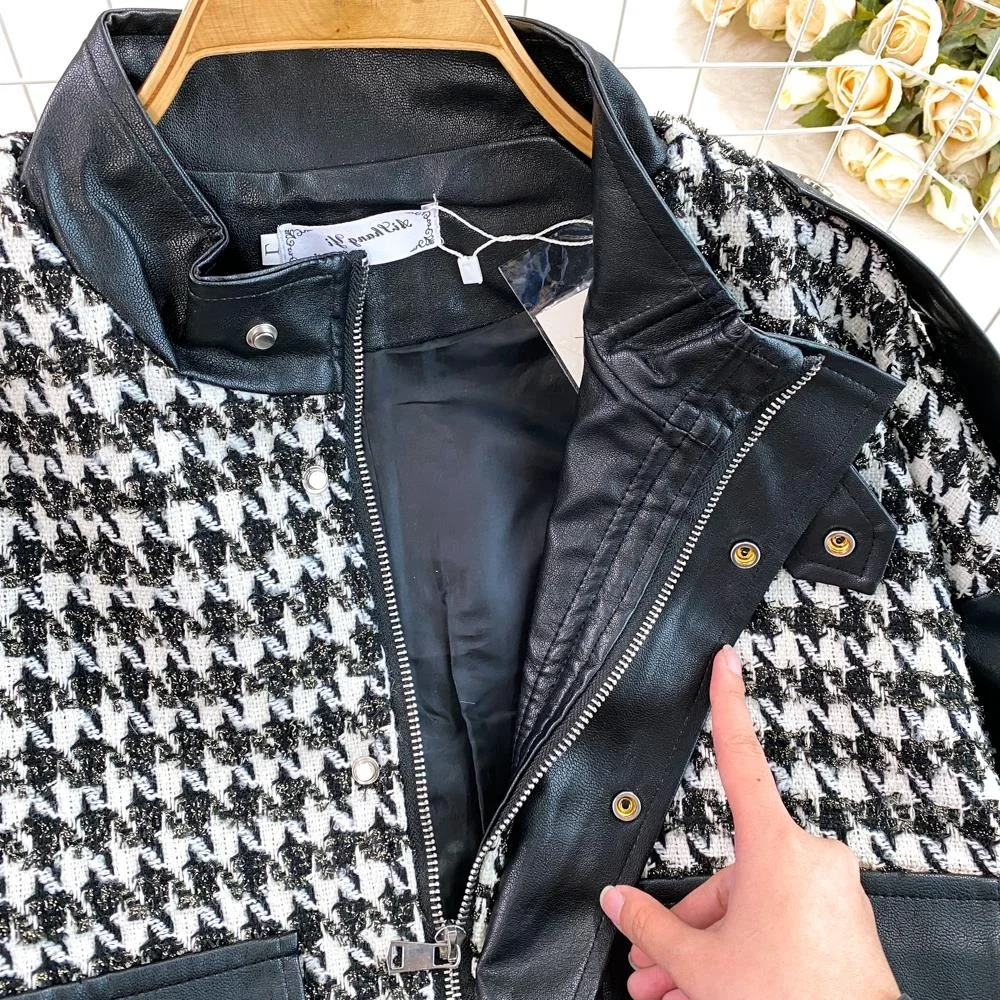 Faionable Plaid ort Stand Collar PU cuero empalme Jaet mujer Otoño Invierno béisbol Sle Casual rompevientos moda