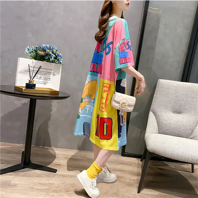 

Свободная футболка длиной до колена с ор-Sve Dr для женщин больших размеров, летняя корейская повседневная удобная хлопковая смесь Dr