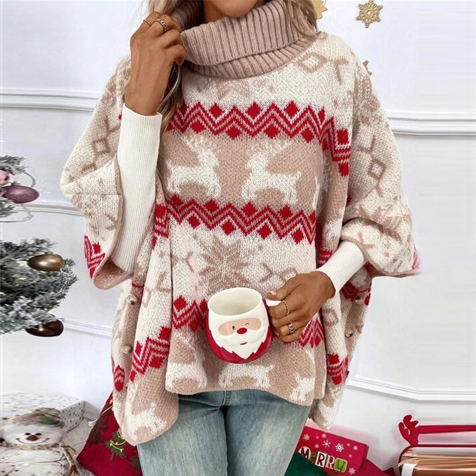 Damesmode Kersttruien Klassieke Elanden Sneeuwvlok Print Batwing Mouw Coltrui Herfst Winter Gebreide Tops