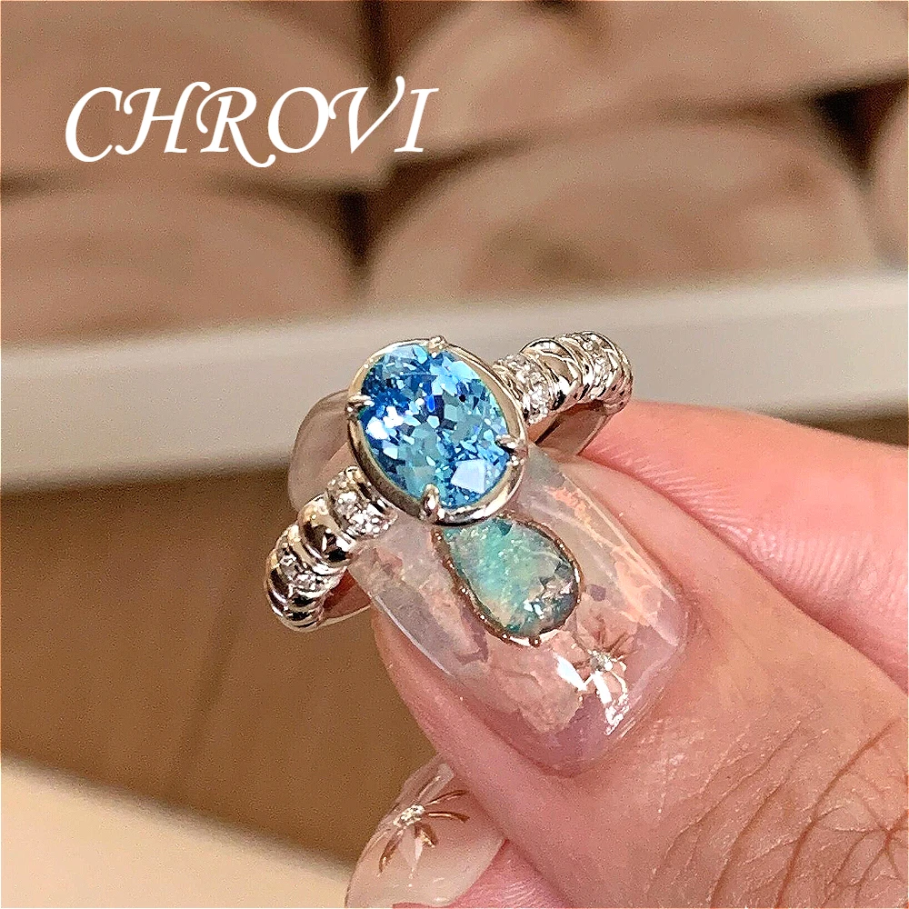 Women's Luxury-Style 925 Sterling Silver Sea Blue Zirconia Retro-Inspired Sophisticated Micro-set Open Ring Fashion Jewelry Acce