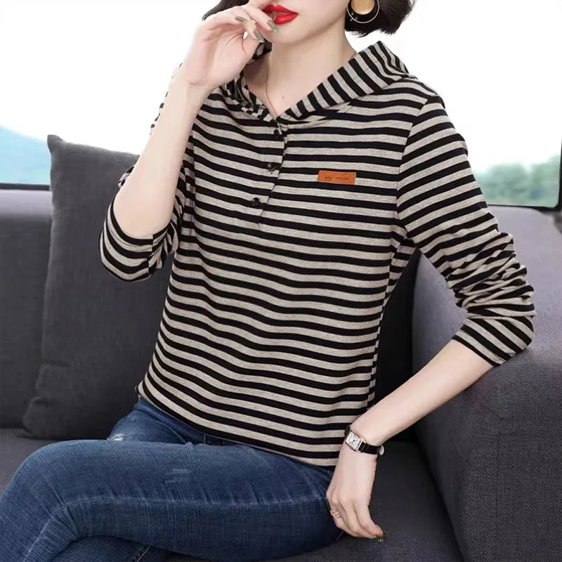 2024 Women Vintage Striped Appliques Casual Streetwear Hooded Sweatshirts Long Sleeve Loose Pullover Tops Korean Fashion Hoodies