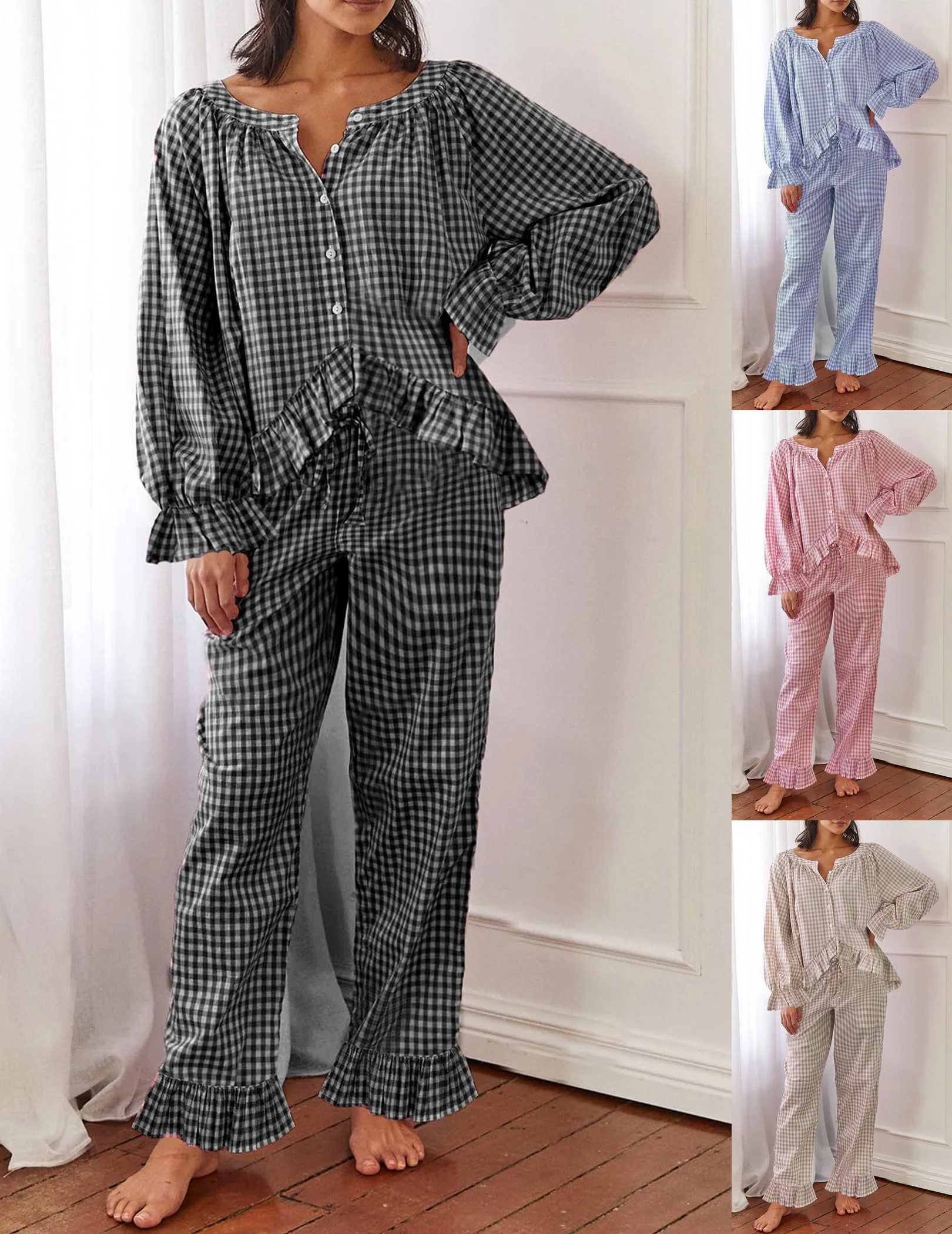 

Women Long Sleeve Babydoll Shirt Pant MatchingLounge Set Fall Outfits