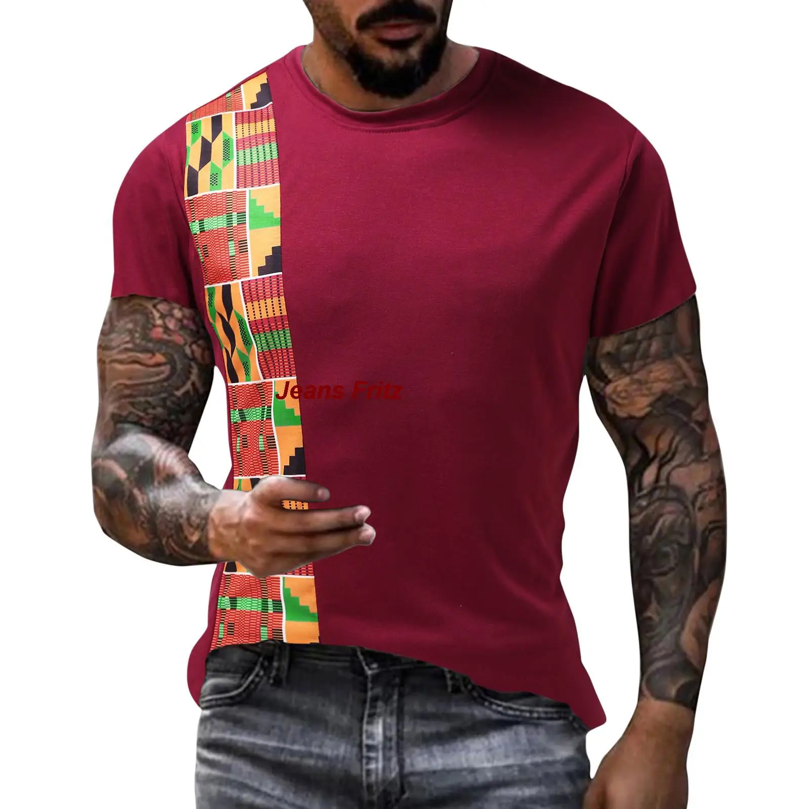 Panel T-Shirts o Hals Kitenge für Männer kurze Ärmel schwarz T-Shirt afrikanischen Kente T-Shirt Patchwork Farbdruck Top Wear Herren Ankara-Stil