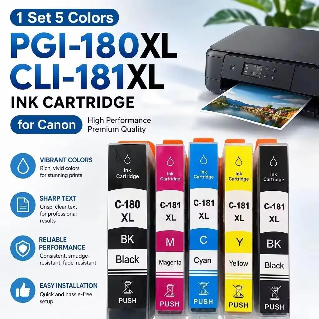 1Set 5Colors PGI-180XL CLI-181XL Ink Cartridge for Canon PIXMA TS6110 TS6210 TS701