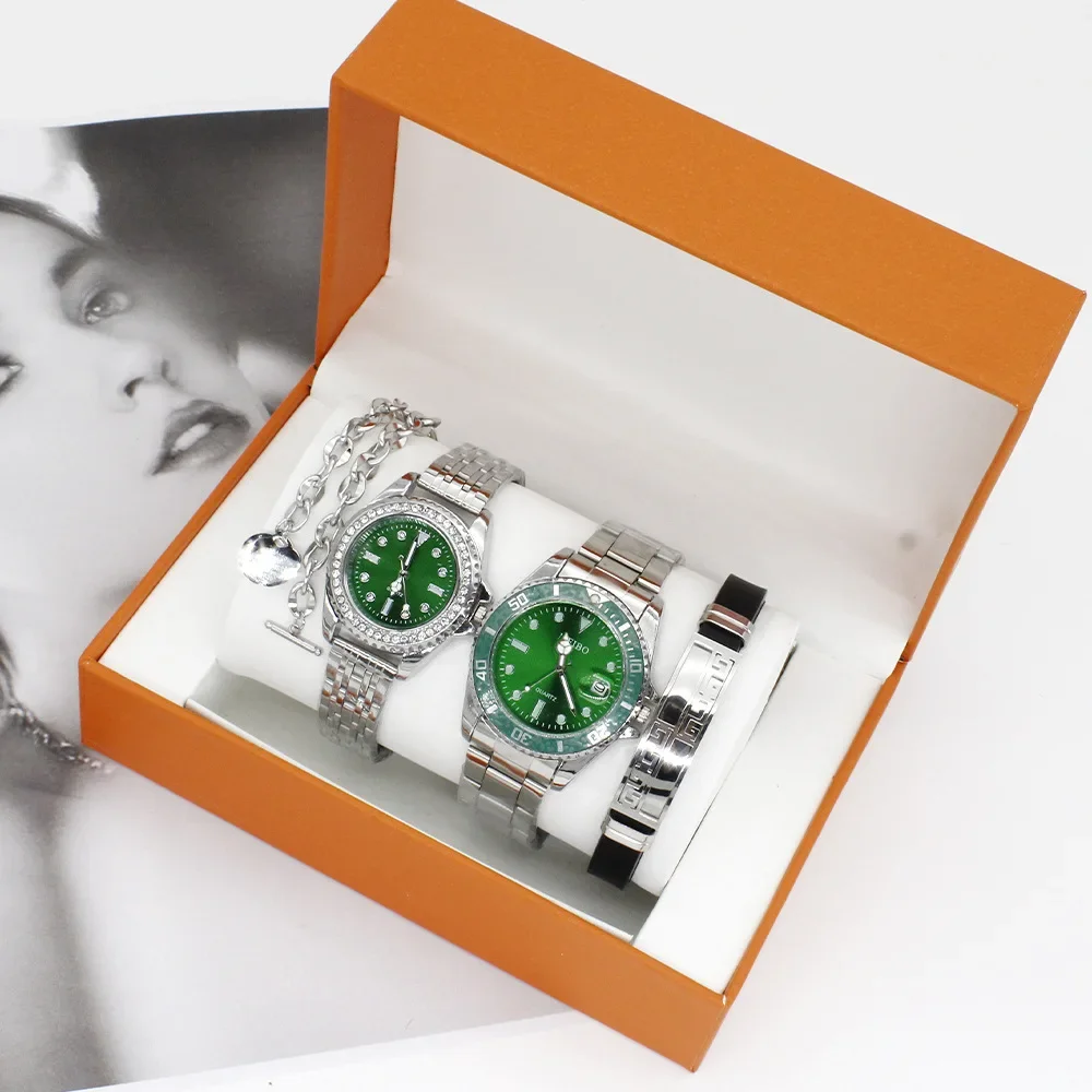 4PCS/Set Couple Quartz Watch Bracelet Set Fashion Valentine's Day Gift Stainless Steel Crystal Watch Men Women Quartz Watch Set