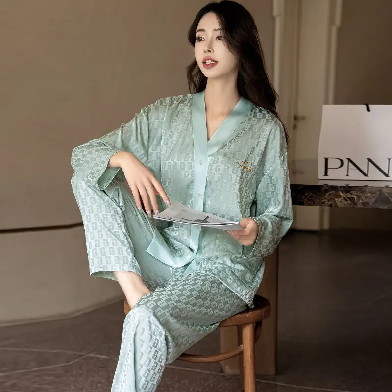 Pijamas Women Long-sleeved Ice Silk Pajamas Women's 2025 Summer Loungewear Silk Suit Spring and Autumn Can Be Worn Outside 2pcs