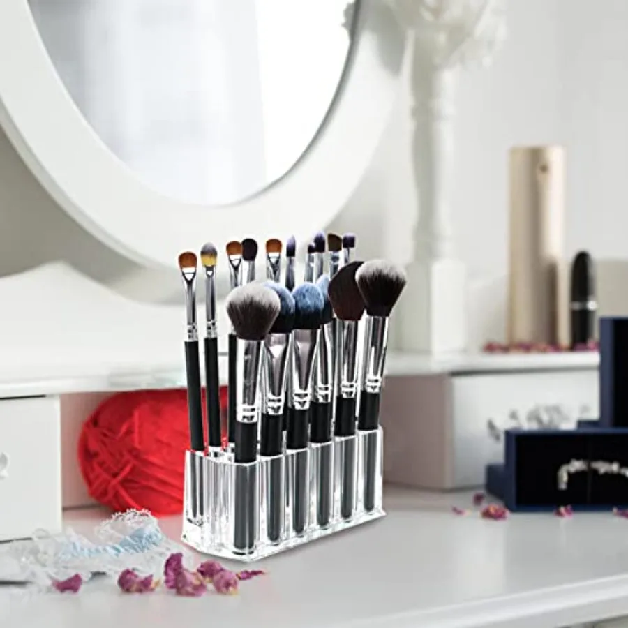 ที่ใส่ดินสอเขียนขอบตาและปากอะคริลิคใสแบบ 3 ชิ้น พร้อมช่องเก็บ 26 ช่องสำหรับแปรงแต่งหน้าและดินสอ เหมาะสำหรับเครื่องสำอาง