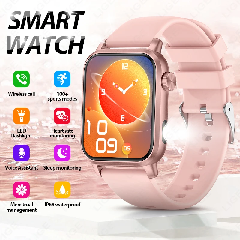 

LIGE New LED Flashlight Smart Watch Women 1.85 Inch HD Screen Health Monitor SmartWatch Sport Bluetooth Call AI Voice Smartwatch