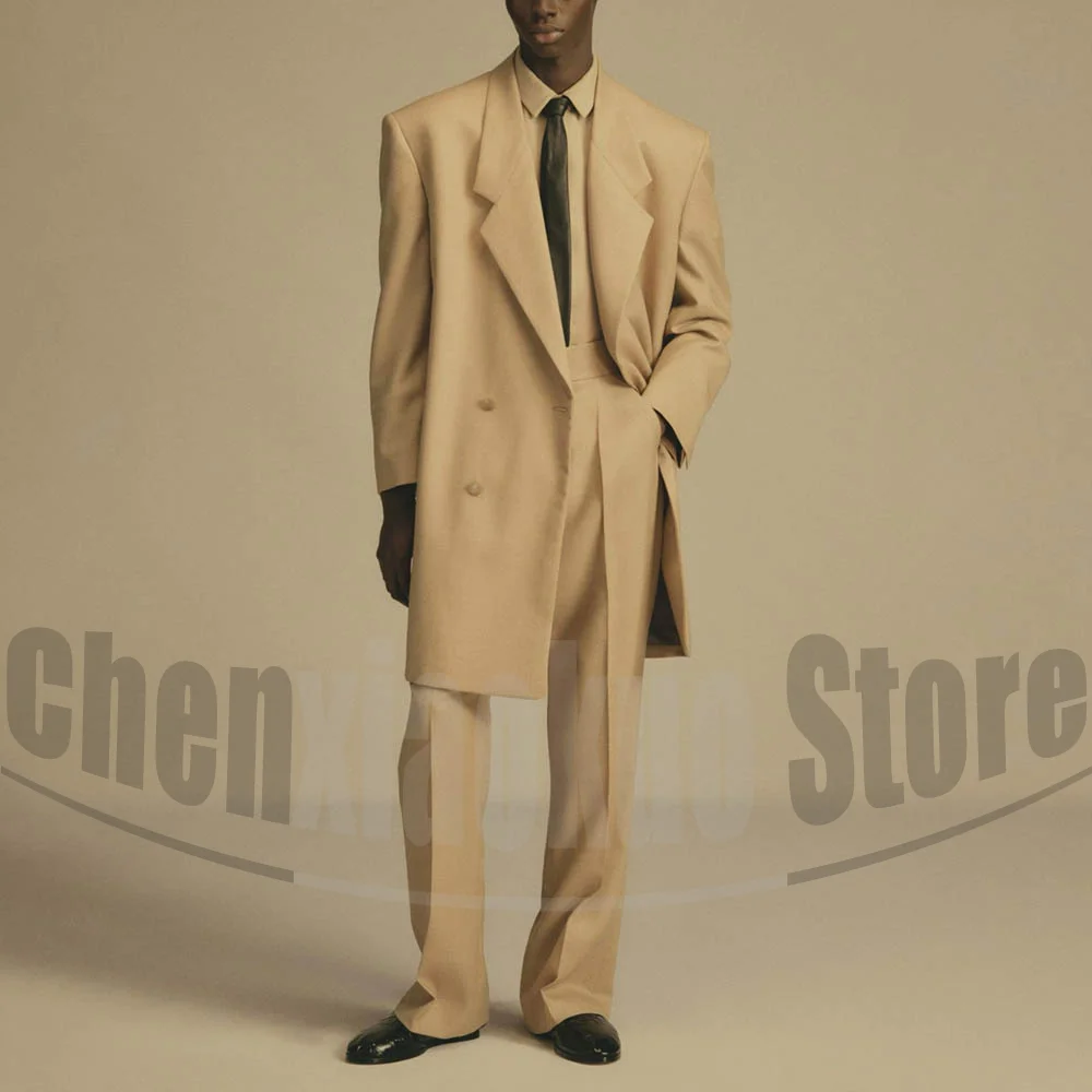 

Fashion Men's Suit Double Breasted Long Blazer with Pants Chic Office Business Casual Wear Party Wedding Outfit 2 Piece