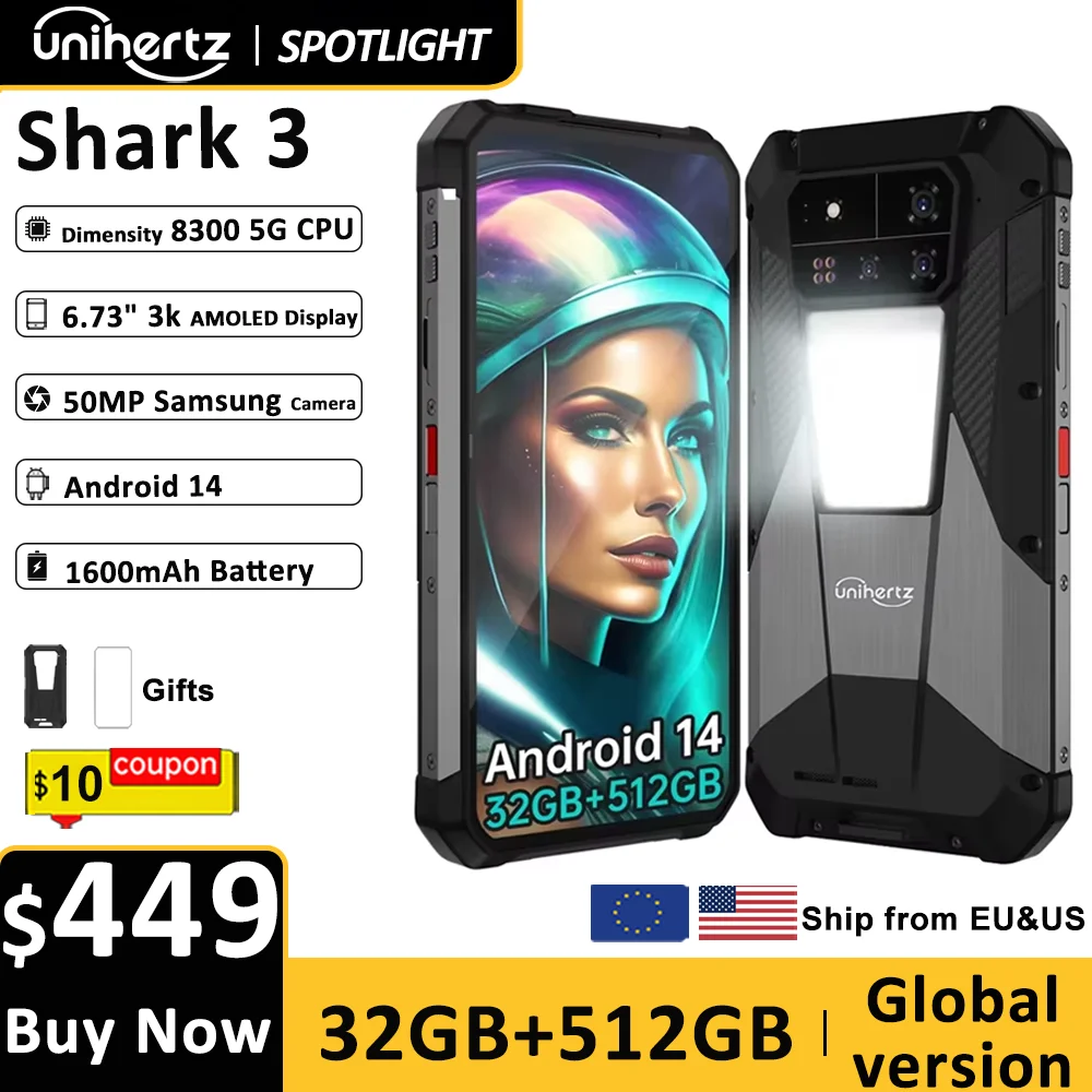 Unihertz Shark 3 by 8849 Rugged Smartphone android 14 3K AMOLED Display 32GB RAM 512GB ROM Dimensity 8300 CPU Mobile Phone