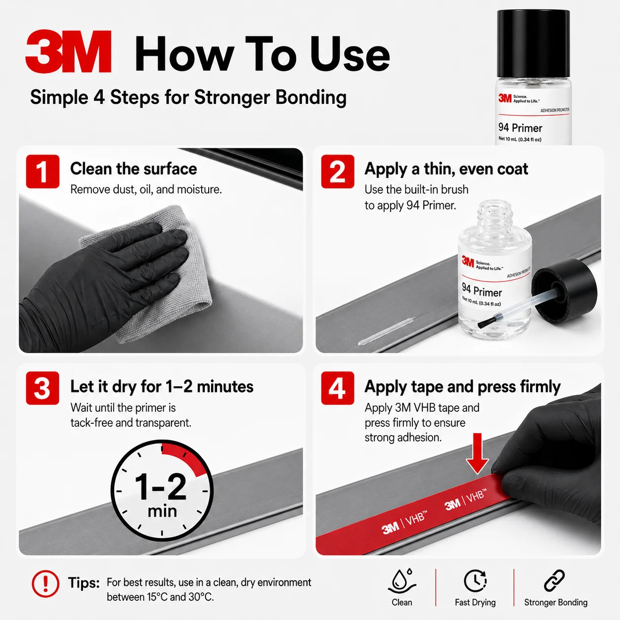 Original 3M Primer 94 Adhesion Promoter 10ml Repack High Adhesion Surface Treatment for Car Wrap Tape Plastic Metal