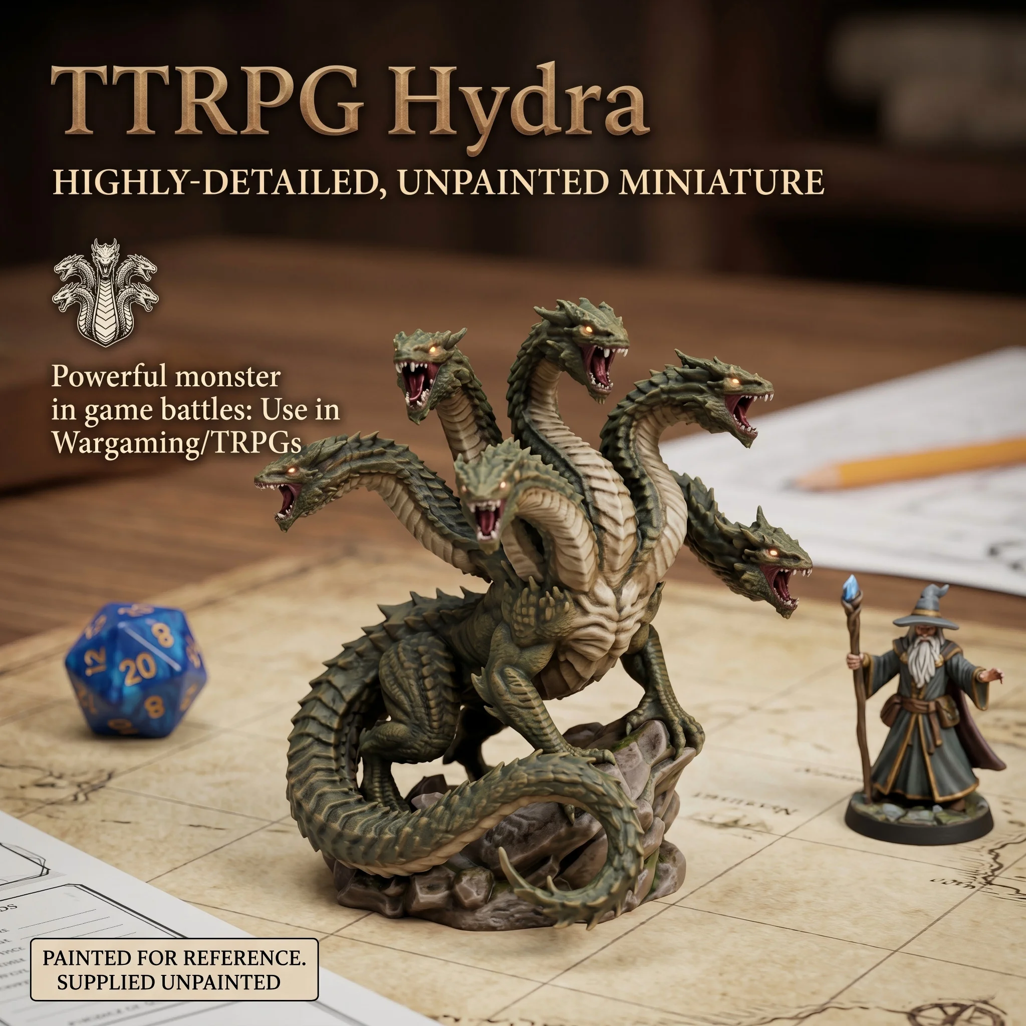 Unpainted Hydra Miniature Ornament, TTRPG Style, Tabletop Wargame Figurine, Collectible Sculpture, Home Desk Decoration