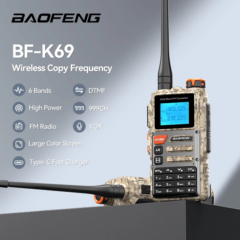 Baofeng BF-K69 Camo Walkie Talkie Air Band AM FM Wireless Copy Frequency Long Range Type-C 2 Way Ham Radio UV-5R UV-K6 Upgraded