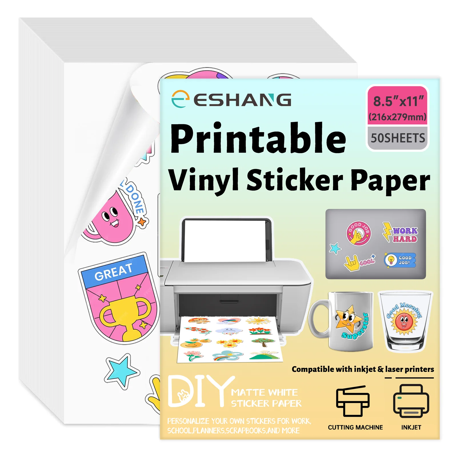 50 Sheets 8.5x11 Inch Matte White Printable Vinyl Sticker Paper Self-Adhesive Inkjet Compatible Tear-Resistant Labeling Paper