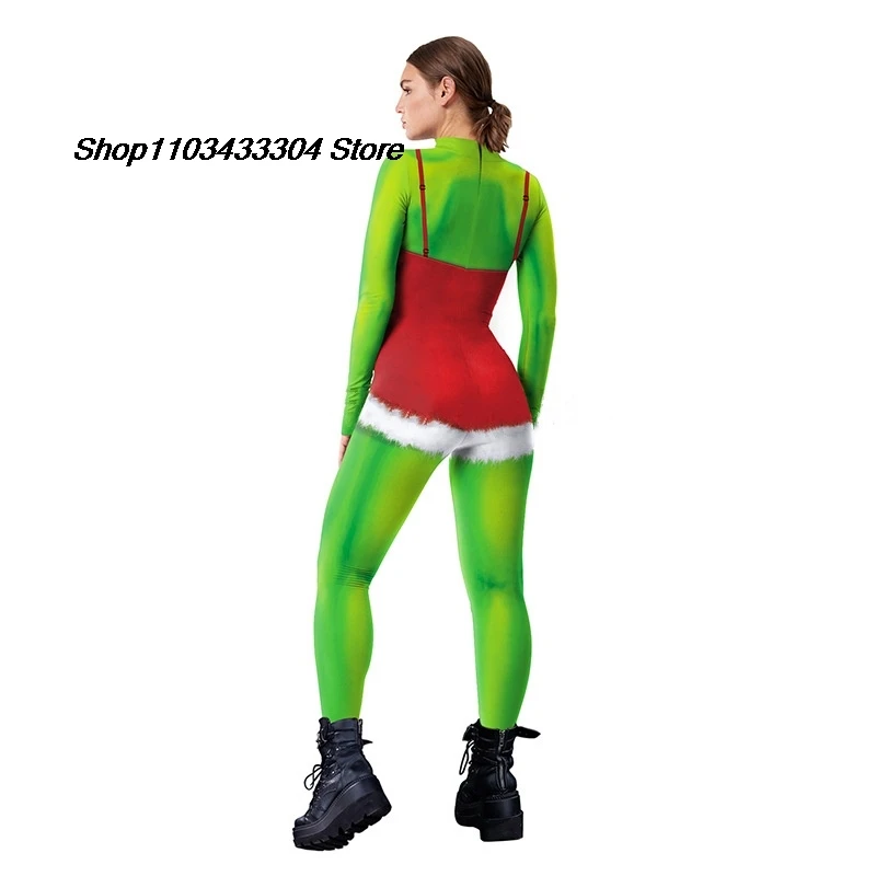 Nuevo Mono navideño para mujer, mono de manga larga con estampado de monstruo verde, fiesta navideña, disfraces divertidos de Cosplay, actuación