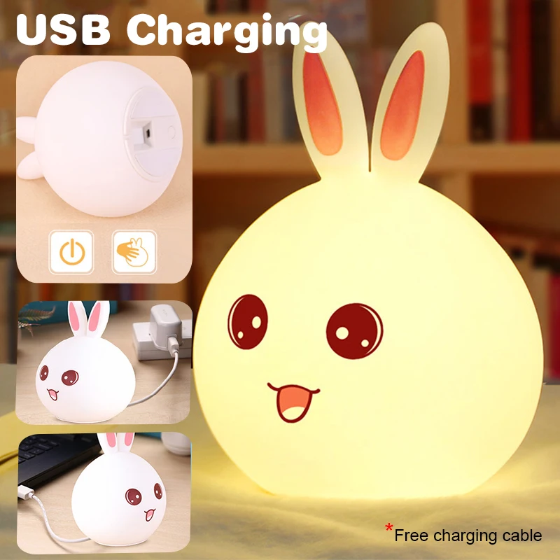 Clap Lamp Led Cute Rabbit Night Light Abs Silicone Usb Rechargeable Bedside Night Lamp Sensor For Kid Girl\'s Bedroom Decoration