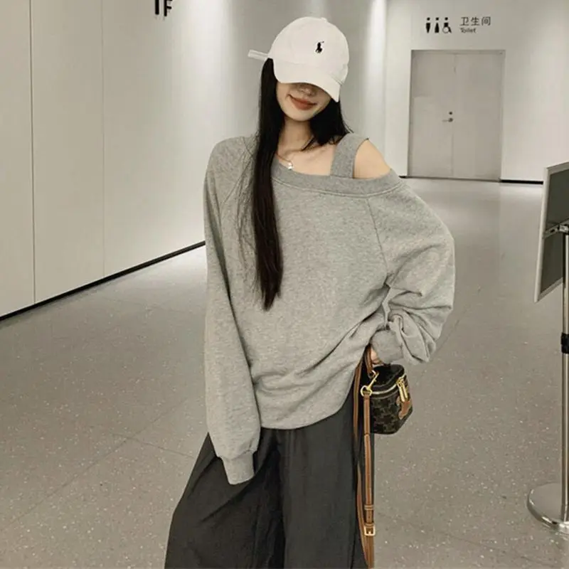 Spring Autumn Lazy Style Loose Off Shoulder Hoodies Long Sleeve Solid All-match Youth Pullovers Top Fashion Casual Women Clothes