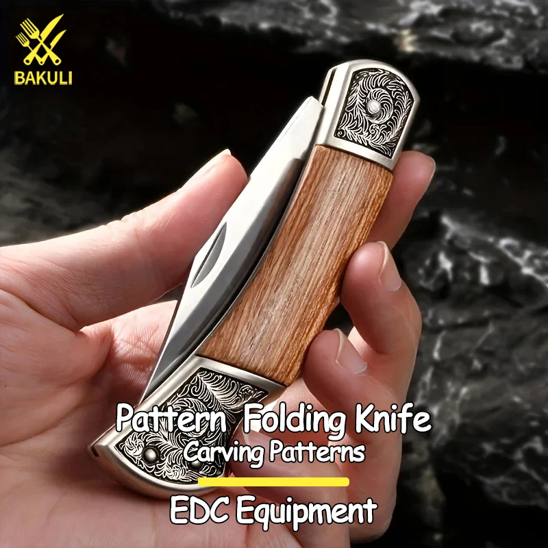 BAKULI Engraved pattern folding knife, portable portable knife, outdoor cutting knife, EDC equipment, high hardness knife