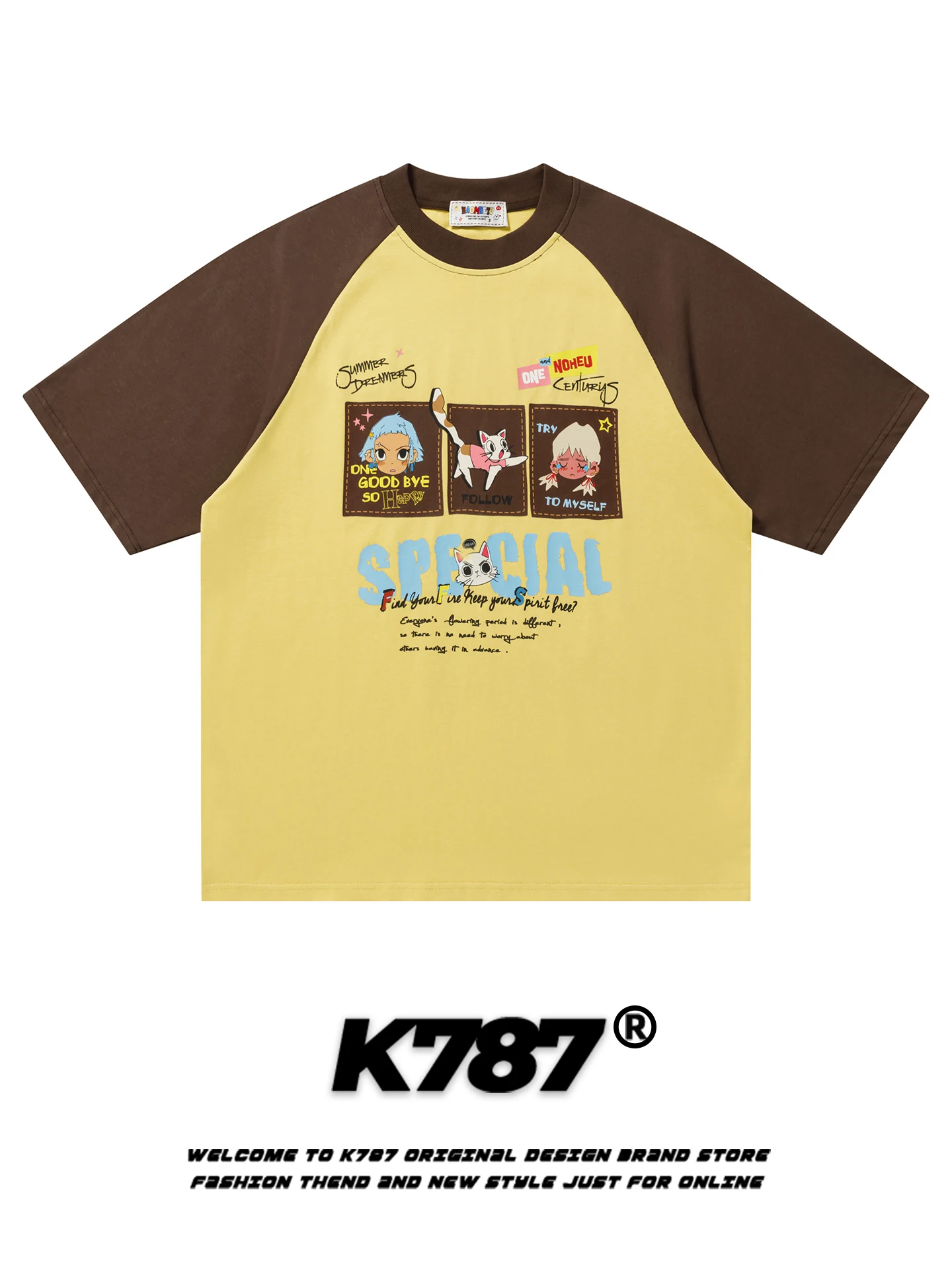 

K787 American Casual Cartoon Print Color Blo ort Sve T-irt ex Loose Sweet Summer Top Youth Culture Cotton