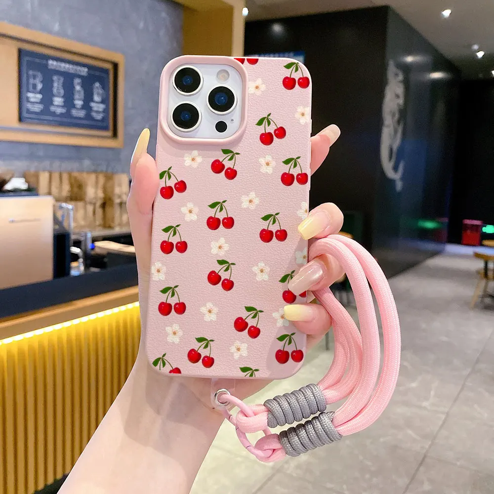 Bumper Phone Case For iPhone 17 16 14 15 11 12 13 Pro Max X XR XS16 15 14 Plus 17 Air With Lanyard Matte Korean Red Cherry Cover