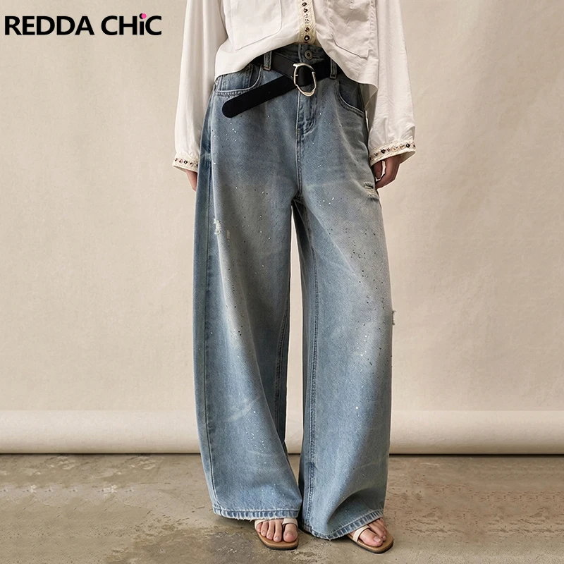 REDDACHiC Sequined Barrel Jeans for Women Trendy Damaged Loose Fit Do Old Wide Leg High Waist Denim Trousers Retro Everyday Wear