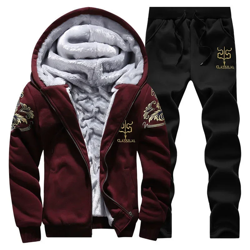 

2024 New Tracksuit Set for Men Sweater 2-piece Winter Hooded Mans Thicken Warm Sweatshirts Sweatpants Sets Husband Students Coat