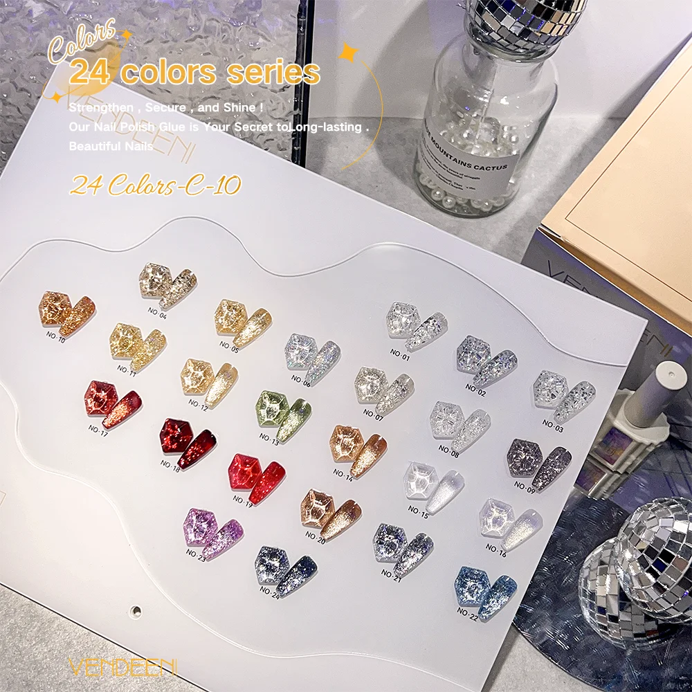 Vendeeni 24Colors Reflective Nail Polish Set Non Toxic Uv Diamond Nail Polish Supplie Glitter Gel Nail Polish Kit
