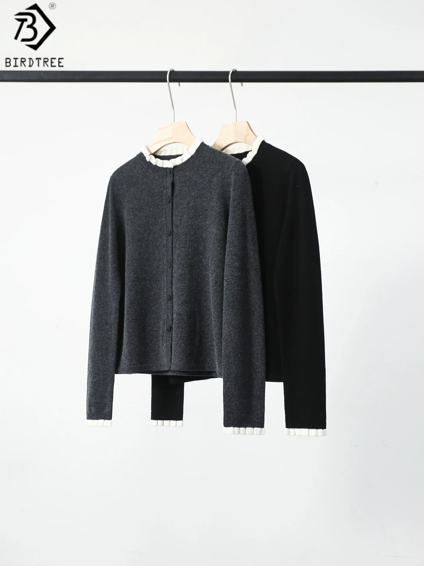 

Birdtree 90% Sheep Wool 10% Cashmere Solid Cardigan,Woman Wool Blend Ruffled Edge Collar Full Sleeve Autumn Knit Coat T59215JF