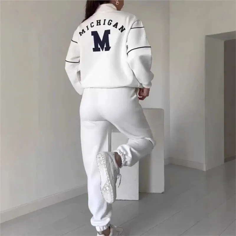 Autumn Winter New Fashion Letter Print Sweatshirt Set Casual Zipper Half Open Collar Long-sleeve Top + Sweatpants Two-piece Suit