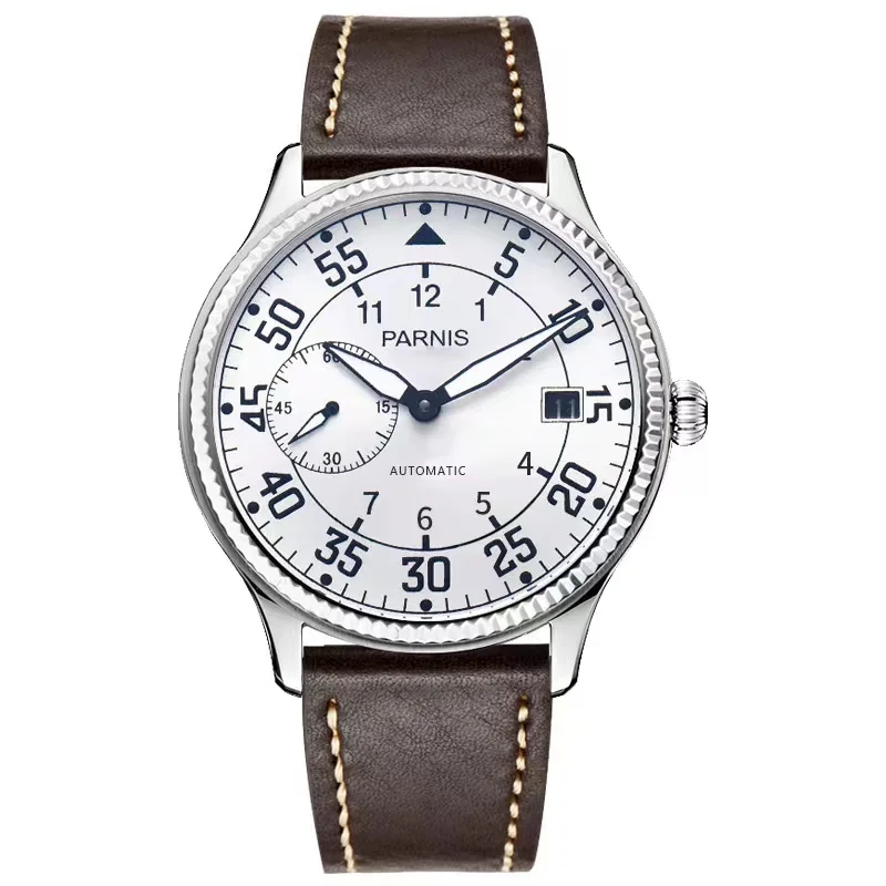 Parnis New 45mm Dial Automatic Mechanical Men\'s Watch Leather Strap Waterproof Men Wrist Watches Man Clock 2019 Top Luxury Brand