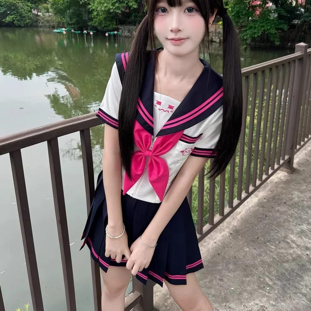 Abito da marinaio rosa Coreano Seifuku Ragazze delle scuole superiori giapponesi Cosplay Studenti delle scuole Uniformi Donne Jk Uniforme Set Gonna a pieghe