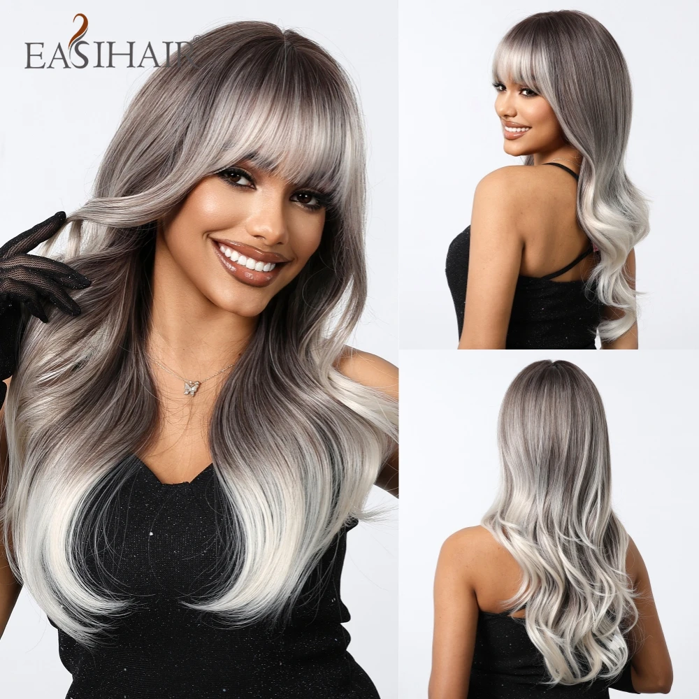 

EASIHAIR Silver Gray Ombre Blonde Long Natural Wavy Synthetic Wig with Bang for Women Daily Cosplay Party Natural Heat Resistant