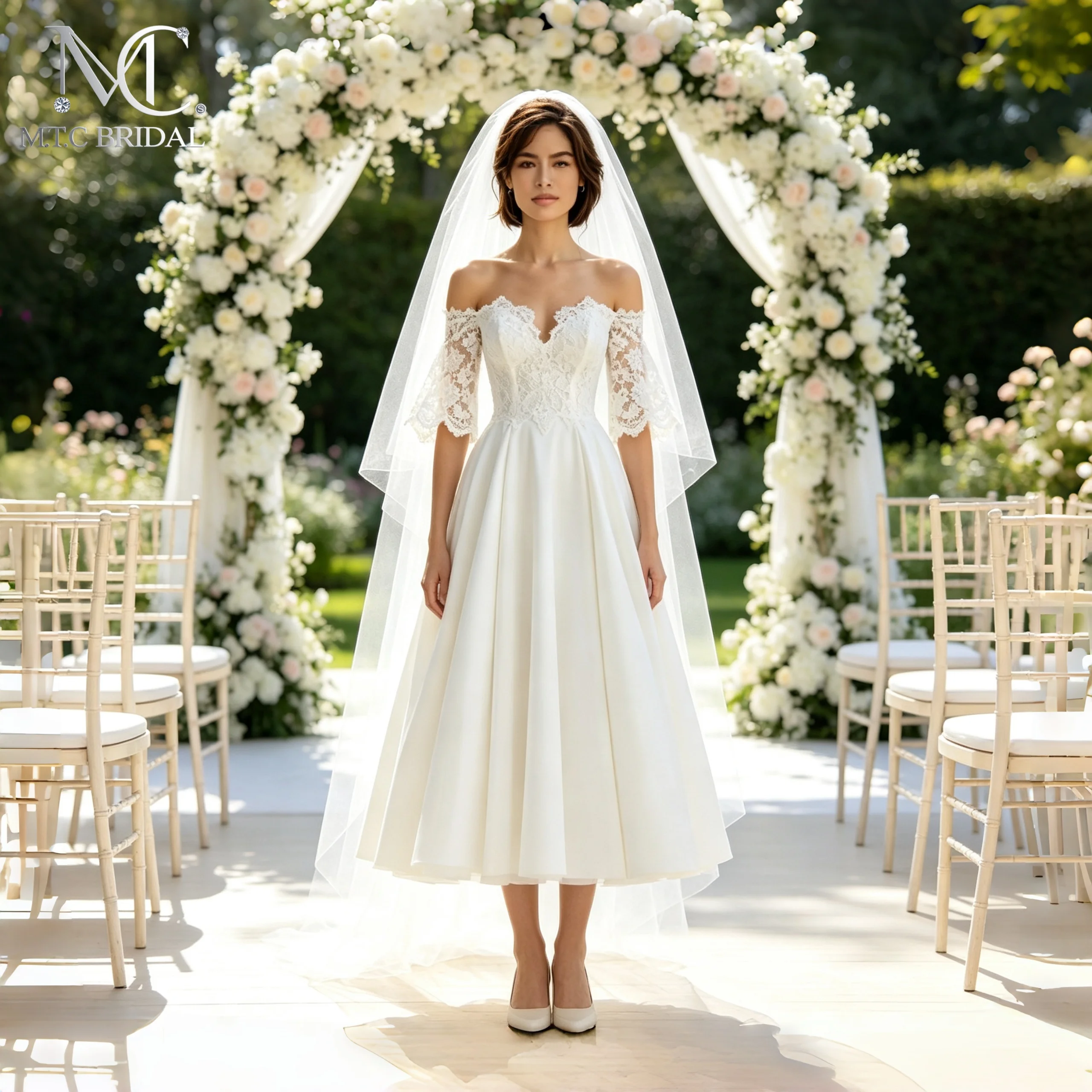 Vintage Short Wedding Dress Off‑Shoulder Lace Sleeves Tea‑Length Satin A‑Line Corset Back Bridal Gown For Outdoor Wedding