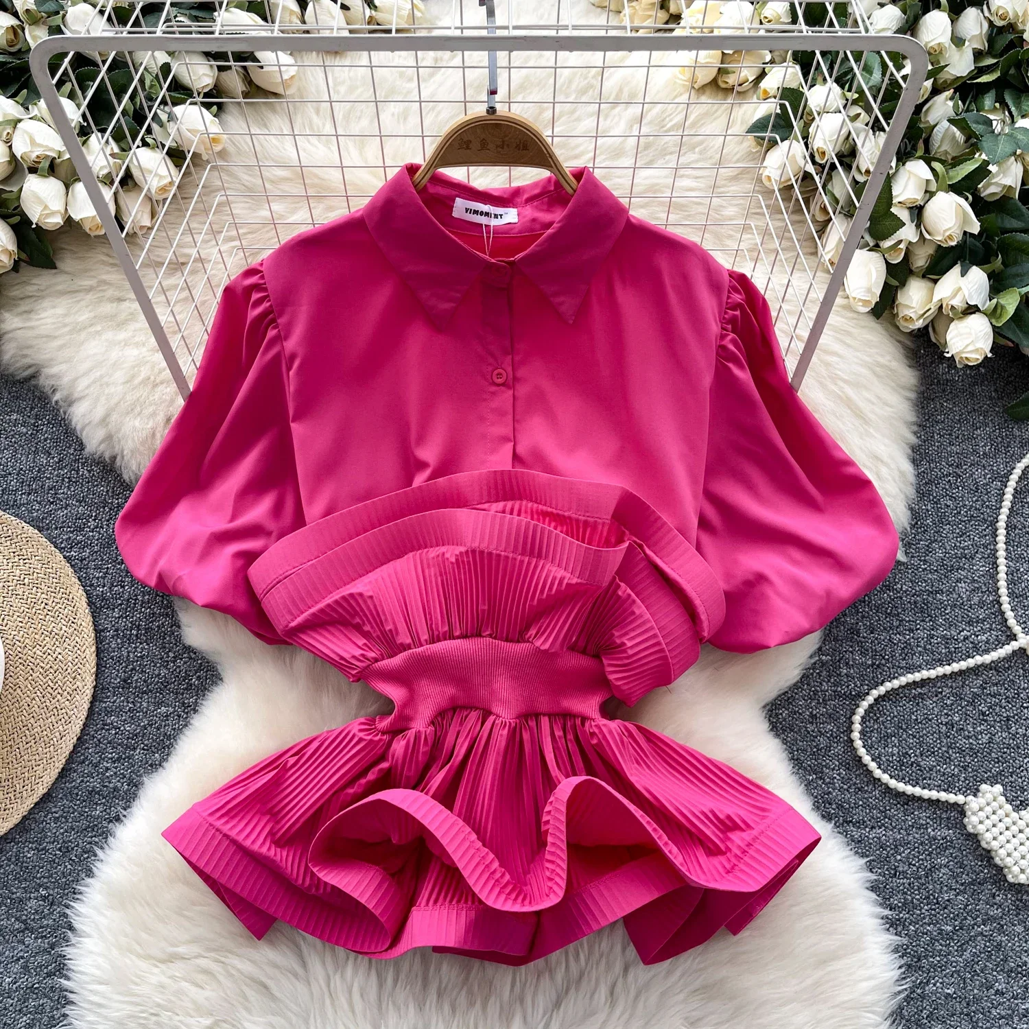 Vintage Short Puff Sleeves Elegant Polo-neck Chic Ruffles Slim Top French Fashion Streetwear Spring Autumn High Street Blouse