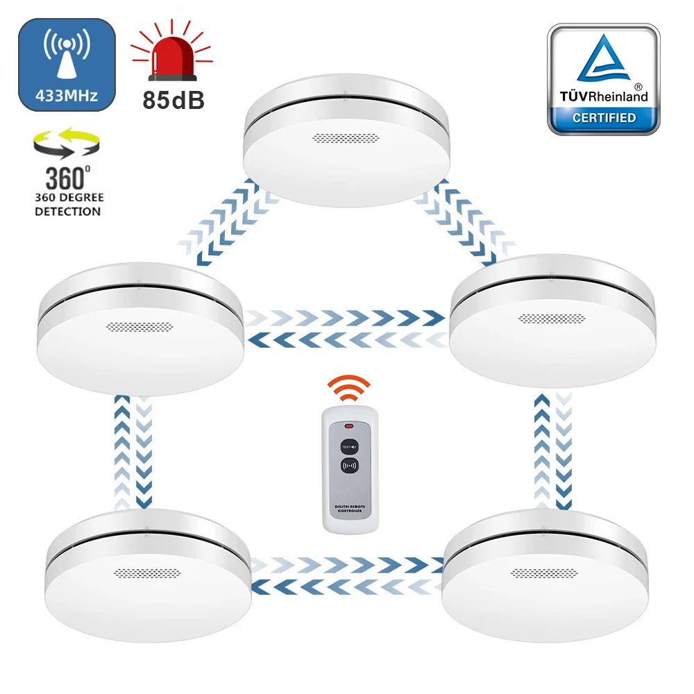 

Multi Device Wireless Interlinked Smoke Detector 433MHz Remote Control Connect Sensor Fire Alarm CE EN14604 Approval