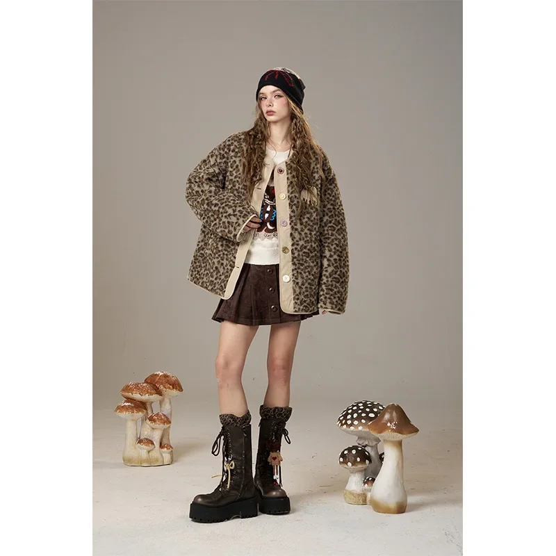 ELFSACK Y2K Animal Print Panel Faux Shearling Puffer Jacket For Woman
