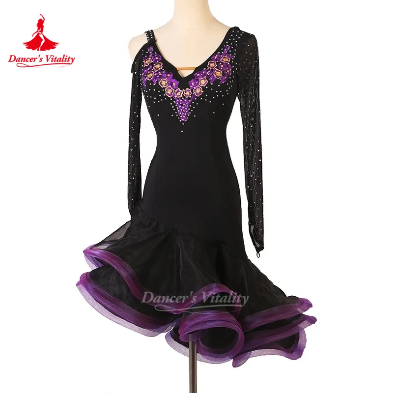 Sexy dress latin dance clothes for women latin dance Embroidery long sleeves dress girls latin dance dress Cha-cha dance dress