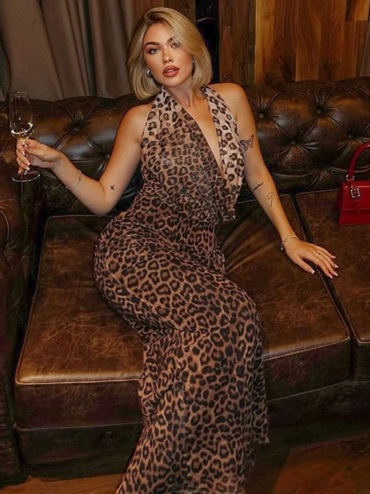 

Chic Leopard Print Halter Maxi Dress Women Swing Collar Lace Up Sleeveless Backless Skinny Robe 2025 Summer Lady Y2k Streetwear