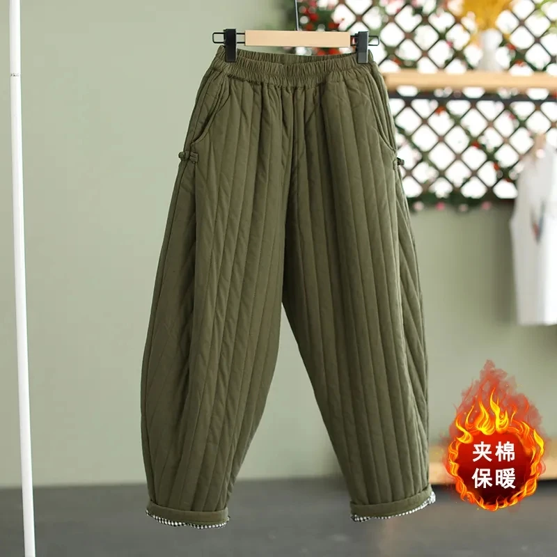 Vertical line pressed Solid Cotton padded Women's Warm Pants Autumn Winter 2025 Elastic waist band Buckle Casual Carrot trousers