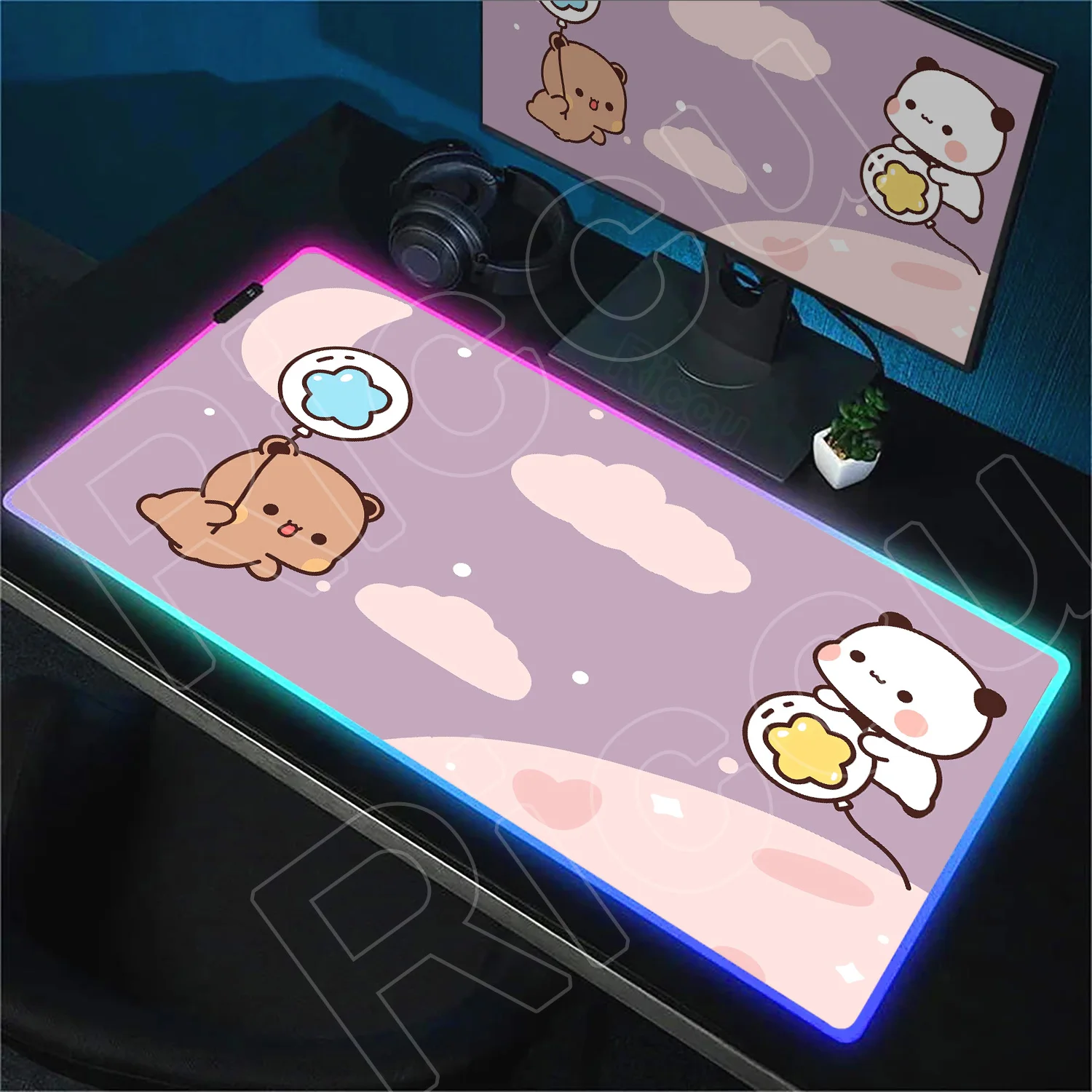 

RGB Glowing Mouse Pad BuBu DuDu Cute Panda Desk Mats 400x800mm Natural Rubber Non-slip Carpet PC Gamer Office Backlight Keyboard