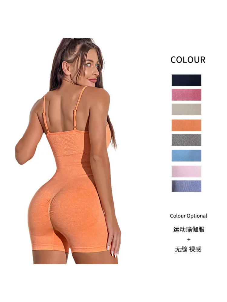 Solid seleeveless shorts jumpsuits yoga sports suit seamless Sexy Slim-fit bodysuits Fitness women gym one piece workout set