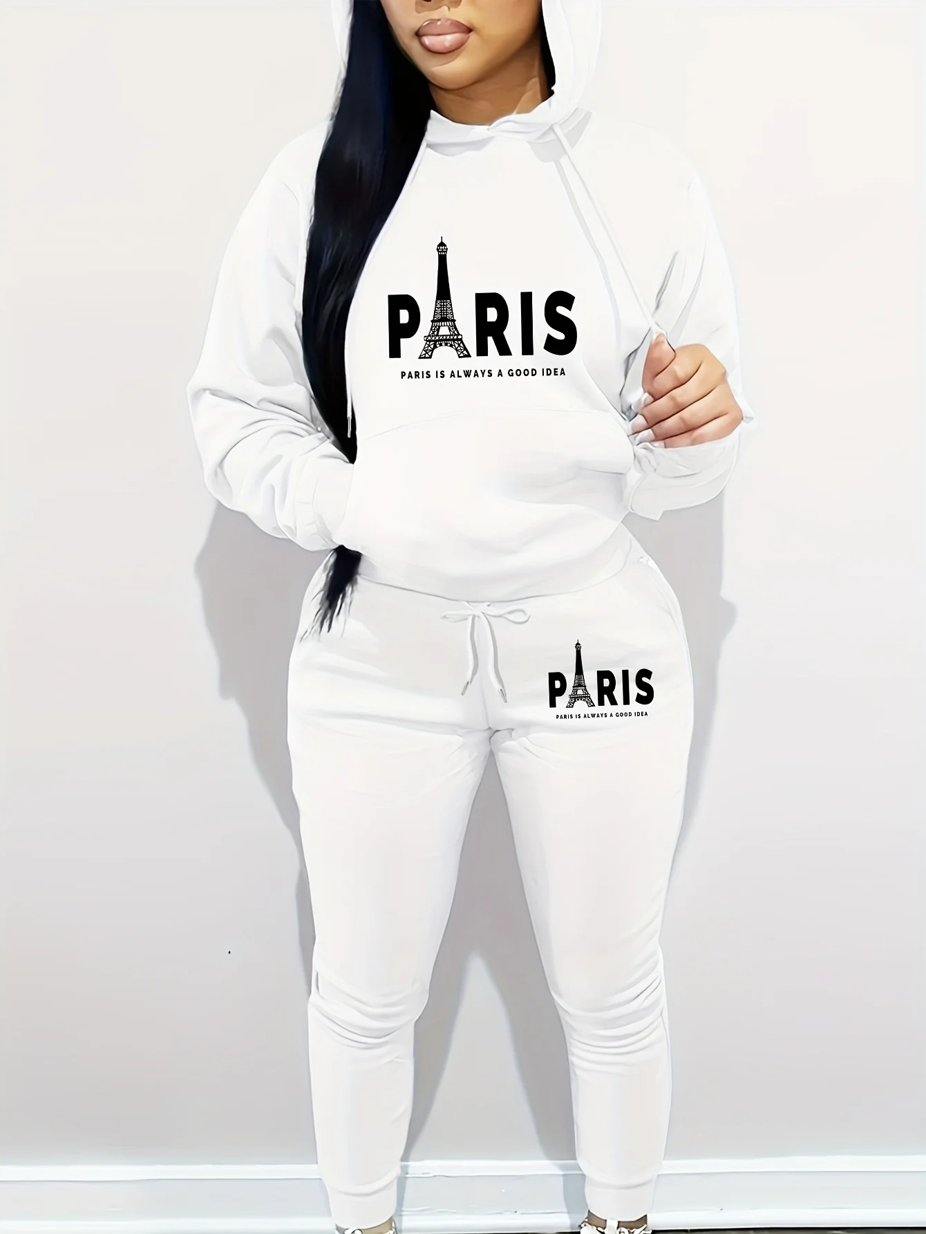 Women PARIS Eiffel Tower Print 2Pcs Tracksuit, Hoodie & Joggers. Casual Letter Sweat Set